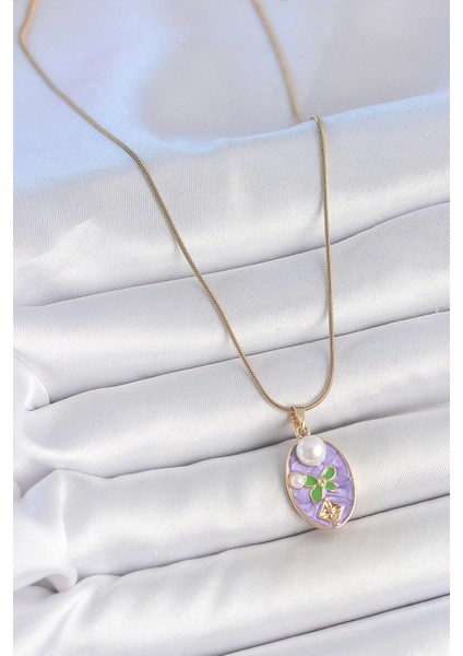 316L Çelik Gold Renk Zincir Mor Mineli Oval Incili Çiçek Işlemeli Portre Model Kadın Kolye - TJ-BKO10177 fiyatları