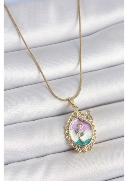 316L Çelik Gold Renk Zincir Mix Renk Mineli Çiçek Işlemeli Zirkon Taş Detaylı Portre Model Kadın Kolye - TJ-BKO10184