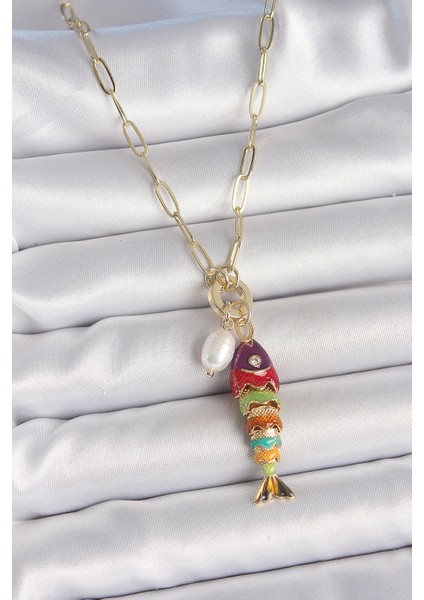 Inci Detaylı Zirkon Taşlı Rainbow Balık Figürlü Gold Renk Pirinç Kolye - TJ-BKO10215