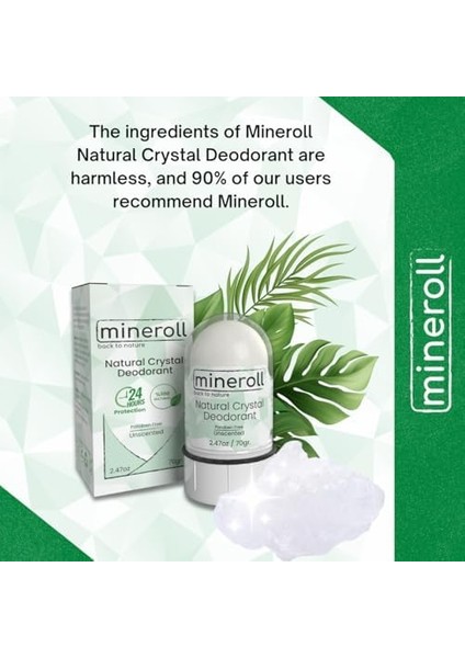 Mineroll Doğal Kristal Deodorant - Vegan, Kokusuz, 24 Saat Koruma, Kadın ve Erkeler Için - Alum Taş, Mineral Tuz, Roll-On, 70 gr