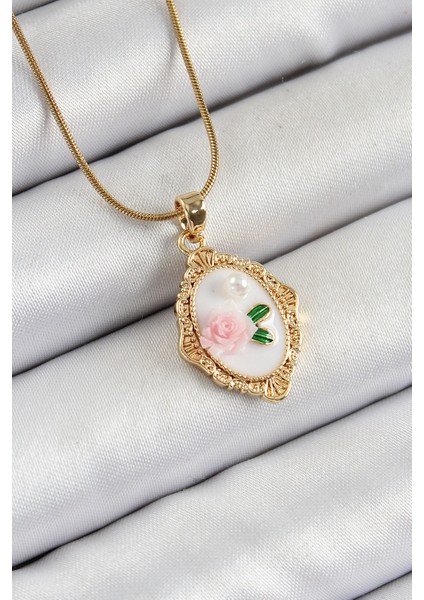 316L Çelik Zincir Beyaz Sanatsal Portre İnci Detaylı Gül Figürlü Model Gold Renk Kadın Kolye - TJ-BKO10282