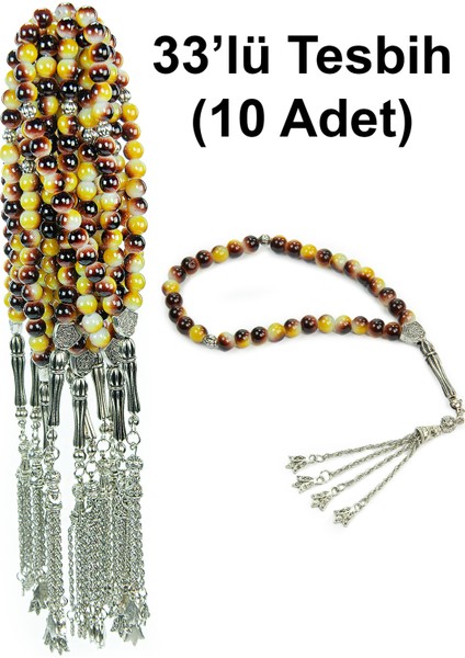 10 Adet 33LÜ Hac Umre Hediyelik Tesbih - Kahverengi Sarı