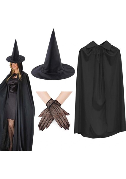 120 cm Siyah Yakalı Cadı Pelerini Cadı Şapkası ve 1 Çift Siyah Kısa File Tüm Eldiven Seti 3 Parça