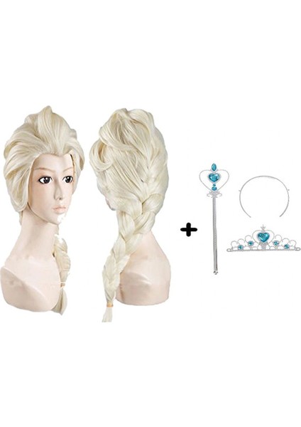 Örgülü Karlar Ülkesi Frozen Elsa Peruğu Tacı ve Sopası Çocuk Boy