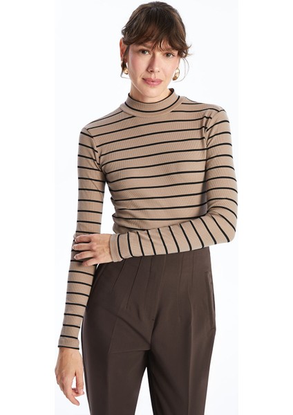 Yeni Sezon Dik Yaka Çizgili Kadın Body