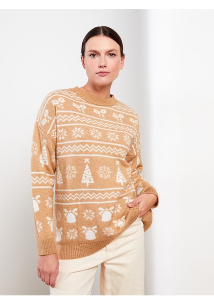 Yeni Sezon Bisiklet Yaka Yılbaşı Temalı Uzun Kollu Kadın Triko Kazak