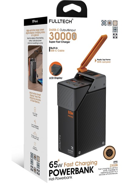 FP44 65W Prime 30000MAH LCD Ekranlı Süper Hızlı Powerbank | 2x Usb-C Çıkış, Dahili Type-C Kablo, 4 Cihaz Aynı Anda Şarj, Akıllı Dijital Gösterge