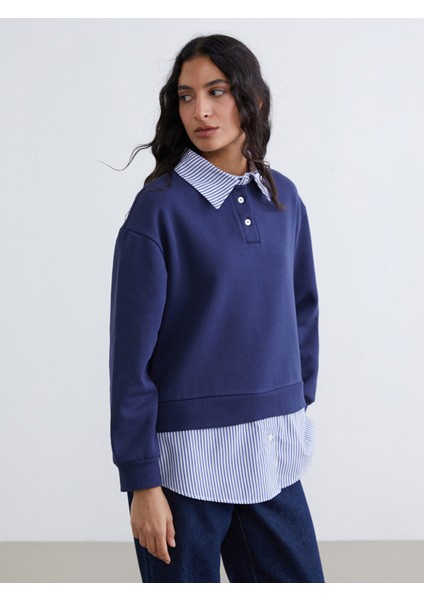 Yeni Sezon Gömlek Yaka Çizgili Kadın Kalın Sweatshirt Tunik