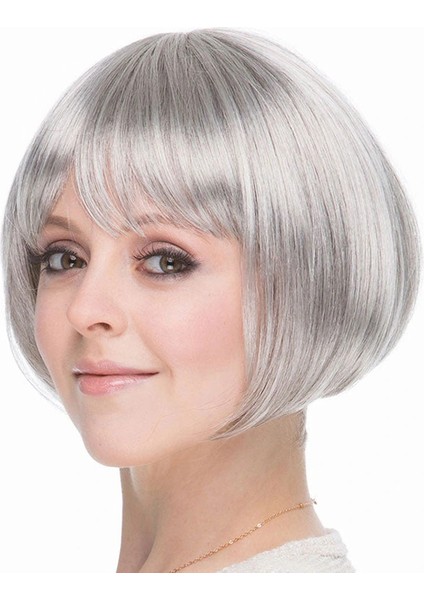 Gri Gümüş Renk Düz Kesim Astarlı Küt Parti Peruğu