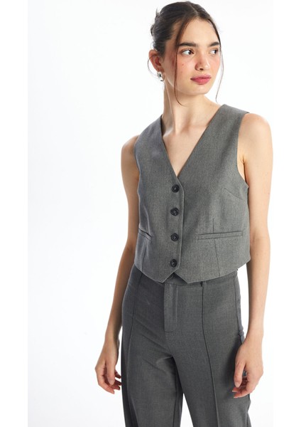 Yeni Sezon Kadın V Yaka Düz Klasik Yelek