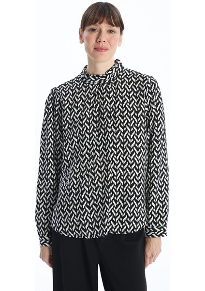 Yeni Sezon Dik Yaka Desenli Oversize Kadın Bluz