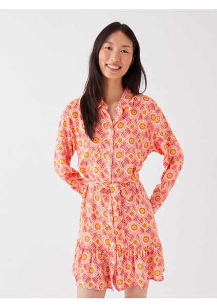 Yeni Sezon Desenli Uzun Kollu Kadın Gömlek Elbise