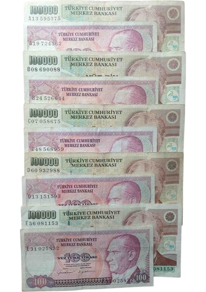 7. Emisyon 1.000.000 ve 100 Türk Lirası A.b.c.d.e.f Serileri 10 Adet Koleksiyon Kağıt Para