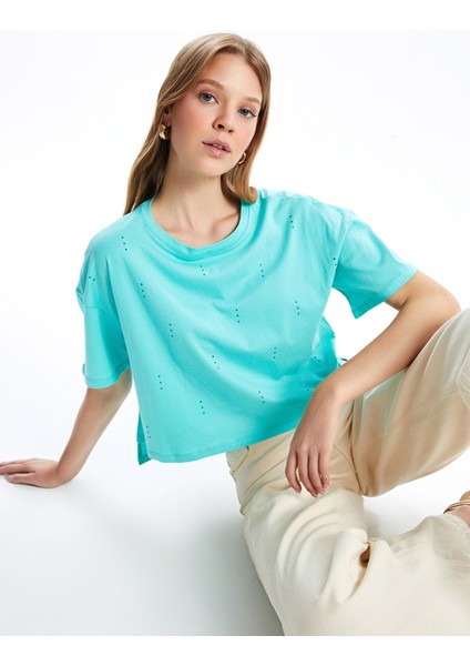 Yeni Sezon Bisiklet Yaka Taşlı Kadın Crop