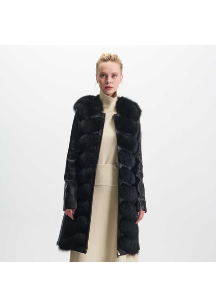 Siyah Kürk-Deri Kadın Kürk Kaban - K23KKM320382-Q7X fiyatları