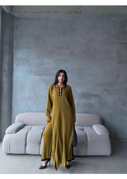 Pantolon Yırtmaçlı Elbise Ikili Triko Takım Yeşil Elf