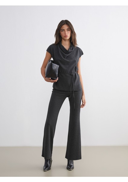 Yeni Sezon Beli Lastikli Ispanyol Paça Kadın Pantolon