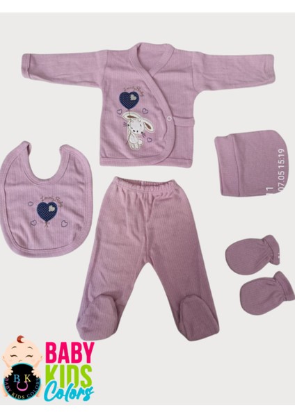 Fitilli Kumaşa Kalpli Tavşan Baskılı Poşette 5'li Set