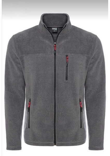 Erkek Tam Fermuarlı 3 Cepli Gri Polar