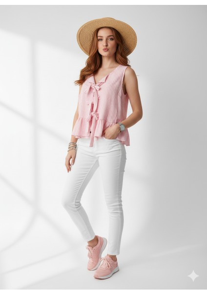 Çizgili Gofre Kolsuz Fiyonk Detaylı Bluz modelleri