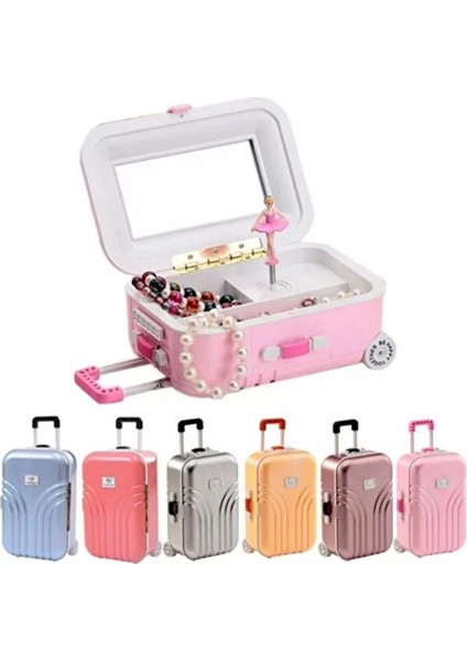 Tekerlekli Müzikli Bavul Takı Kutusu – Ayna ve Dönen Balerinli Kız Çocuk Takı & Makyaj Kutusu