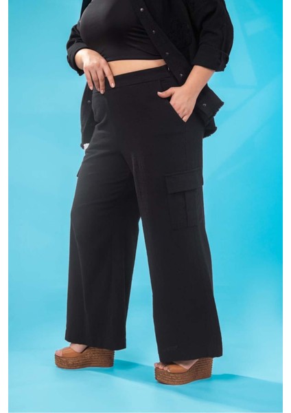 Kadın Büyük Beden Kargo Cepli Bol Siyah Pantolon