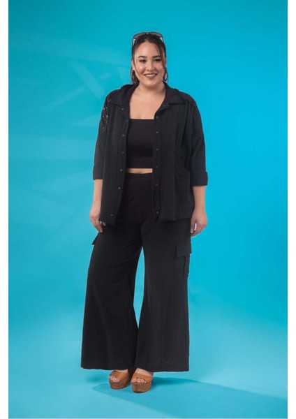 Kadın Büyük Beden Kargo Cepli Bol Siyah Pantolon modelleri