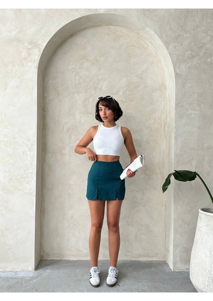 Yzlal Çift Yırtmaçlı Atlas Şort Etek Petrol Yeşili S240364 (Beden: L) modelleri