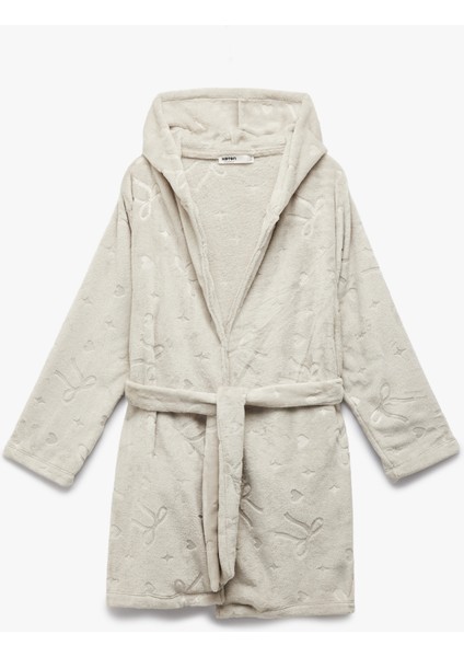 Uzun Kollu Fiyonk Detaylı Kapüşonlu Kemerli Peluş Sabahlık