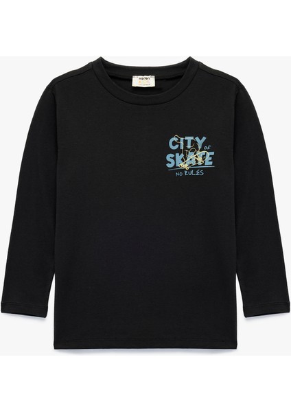 Baskılı Uzun Kollu Bisiklet Yaka Pamuklu Tişört