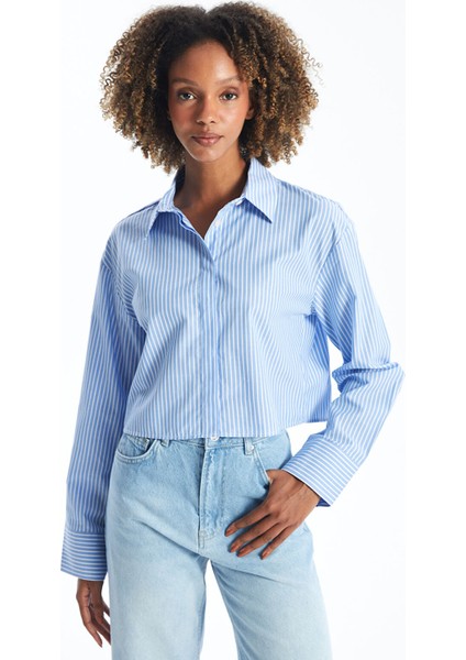 Yeni Sezon Çizgili Uzun Kollu Crop Kadın Gömlek