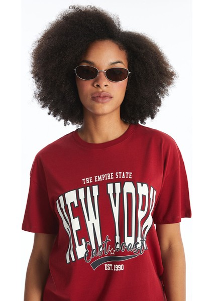 Yeni Sezon Bisiklet Yaka Baskılı Kısa Kollu Kadın Tişört