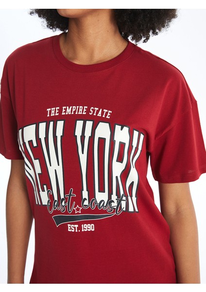 Yeni Sezon Bisiklet Yaka Baskılı Kısa Kollu Kadın Tişört modelleri