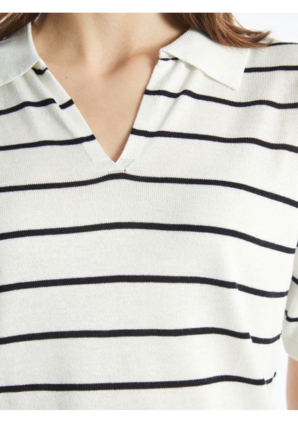 Yeni Sezon Polo Yaka Çizgili Kısa Kollu Kadın Triko Kazak fırsatları