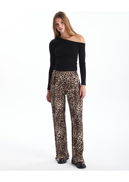 Yeni Sezon Beli Lastikli Leopar Desenli Kadın Pantolon