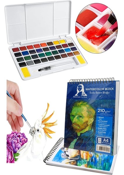 36 Renk Tablet Sulu Boya ve A4 Telli Suluboya Bloğu Kağıdı A4 210GR 20 Yaprak Ince Dokulu Taş Suluboya Plastik Kutulu