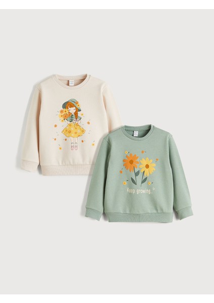 Yeni Sezon Bisiklet Yaka Kız Çocuk Kalın Sweatshirt 2'li