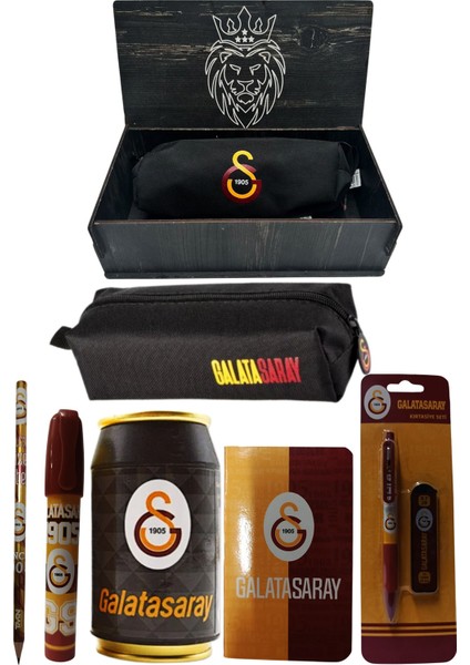 Galatasaray Orjinal Lisanslı Siyah Kutu Kalemtraş Ahşap Kutulu 6'lı Kırtasiye Seti