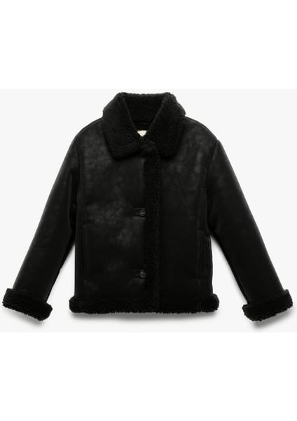 Uzun Kollu Peluş Detaylı Gömlek Yaka Suni Süet Ceket