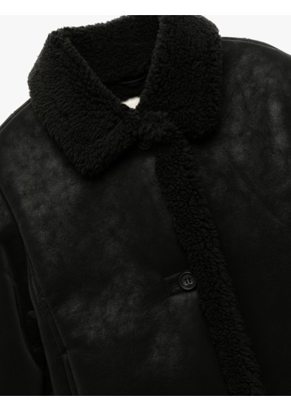 Uzun Kollu Peluş Detaylı Gömlek Yaka Suni Süet Ceket modelleri