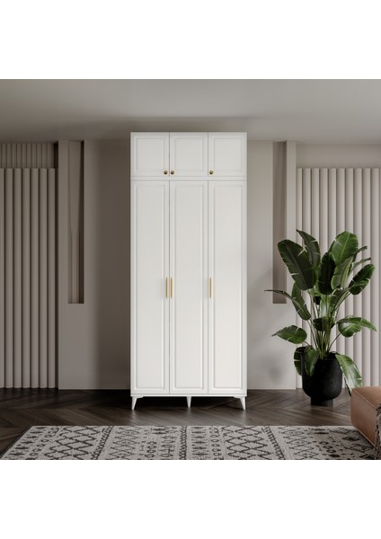 Milas Gold 3 Kapaklı Komple Mdf Ayaklı Yüklüklü Beyaz Gardırop - Elbise Dolabı - Yüklük Dolabı fiyatları
