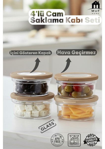 4'lü Cam Saklama Kabı Seti - Kahvaltılık, Erzak Saklama Kabı - Içini Gösteren Kapak - 4 x 415CC -Bpa Free