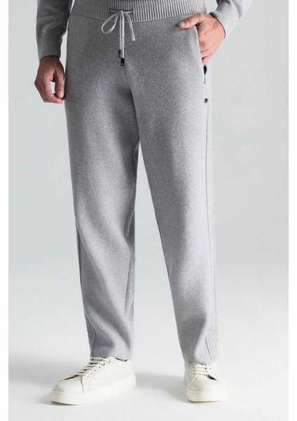 Kaşmir-Ipek-Yün Karışım M Desenli Açık Gri Triko Pantolon