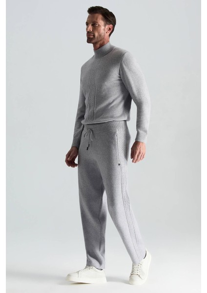 Kaşmir-Ipek-Yün Karışım M Desenli Açık Gri Triko Pantolon fiyatları