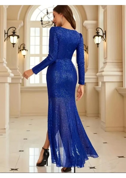 Uzun Koll Kruvaze Yaka Pulpayetli Abiye Elbisesi