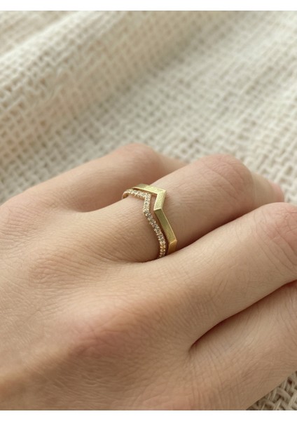 Geometrik Taş Detaylı Ayarlanabilir Çelik Yüzük – Gold Renk / Aurora Collection fiyatları