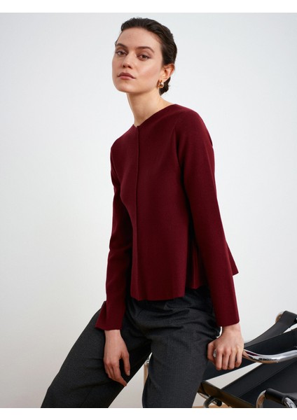 10824 Bisiklet Yaka Peplum Triko Top-Koyu Bordo