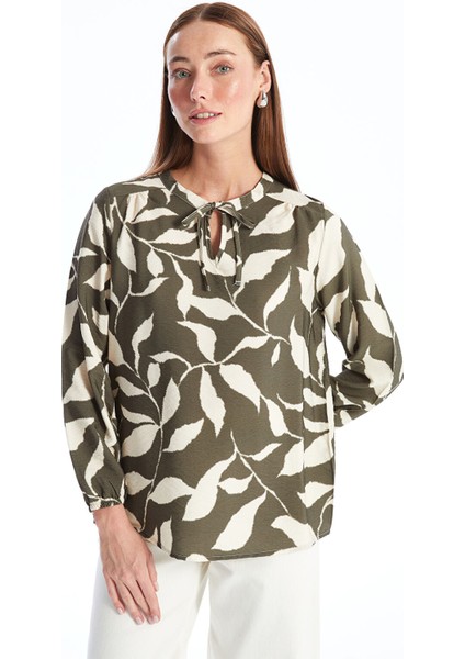 Yeni Sezon Bağlamalı Yaka Desenli Uzun Kollu Kadın Bluz