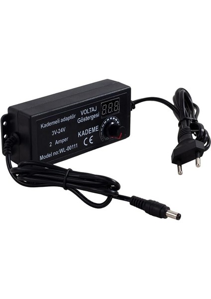 Monte Lua 3 Volt - 24 Volt, 2 Amper, Ayarlanabilir Güç Adaptörü, 5.5x2.5mm Uçlu, Dijital Ekranlı Ayarlı Kademeli Adaptör,