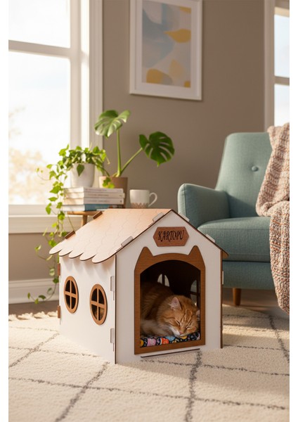 Ahşap Özel Isim Baskılı Dekoratif Kedi Evi-Kulübesi, Kediler Için Kulübe, Kedi Kulübesi Beyaz-Ceviz